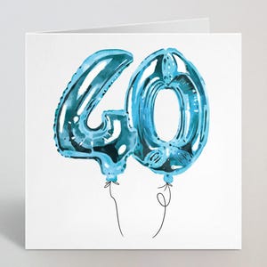 Biglietto di auguri di compleanno con palloncini blu "Quaranta" - Biglietto di auguri per il 40° compleanno di un adulto con palloncini, per figlio, fratello, nipote, figlioccio - Prodotto nel Regno Unito