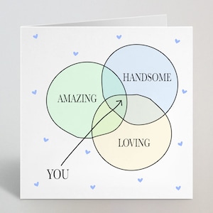 Carte d'anniversaire « You Are Amazing, Loving, Handsome Blue Venn Diagram » – Carte réfléchie pour mari, petit ami partenaire – Fabriquée au Royaume-Uni