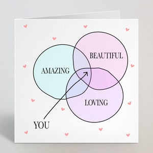 Você é incrível, amoroso e lindo cartão de aniversário com diagrama de Venn rosa - cartão atencioso para esposa, namorada, parceira - feito no Reino Unido