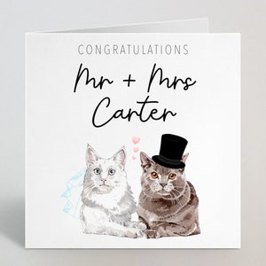 Carte de mariage de chat personnalisée pour couple - Juste marié, félicitations, félicitations - Carte personnalisée pour sœur, maman, fille - UK Made