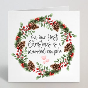 Carte pour notre premier Noël en tant que couple marié – Jeunes mariés, premier Noël en tant que M. et Mme, jolie carte de Noël avec couronne pour mari, femme – Fabriqué au Royaume-Uni