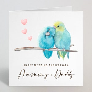 Cartão de feliz aniversário de casamento personalizado - Cartão de felicitações romântico personalizado com pássaros em aquarela Múmia Nan Tia Tio Irmã - Feito no Reino Unido