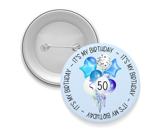 5.8cm Personalised Age Blue Balloons Birthday Badge - 20th 30th 40th 50th Birthday Badge - Blue Balloons Birthday Badge For Him - UK Made