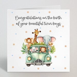 Herzlichen Glückwunsch zur Geburt Ihrer schönen Zwillings-Jungen / Mädchen-Karte - Aquarell-niedliches Safari-neues Baby, herzlichen Glückwunsch, Neuankömmling - UK Made