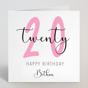 Vingt ans, 20e anniversaire, calligraphie, esquisse cursive, carte rose, voeux d'amour, soeur nièce, petite amie, tante, ami, 20 ans, fabrication britannique
