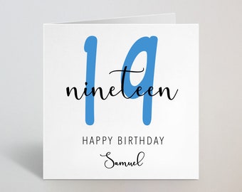 Nineteen Years 19th Birthday Calligraphy Cursive Sketch Blue Card Love Greeting Brother Uncle Grandson Son Godson Friend 19 Years UK Made