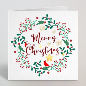 Cartão de Natal com plantas florais e guirlanda festiva de feliz Natal - Cartão de felicitações simples e cursivo de feliz Natal para irmão, irmã e mãe - Feito no Reino Unido