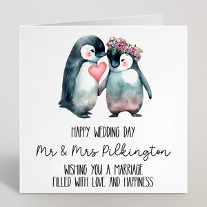 Personalisierte Name Happy Wedding Day Pinguin Grußkarte - Custom Cute Wish Ihnen A Marriage Filled with Love And Happiness - Made in UK