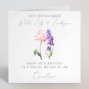 PERSONALIZED Juli Birthflower Kalligraphie kundenspezifische Geburtstagskarte - Geburts-Blume Juli-Lilie & Rittersporn Blumen Schwester, Freund, Mutter - Großbritannien hergestellt
