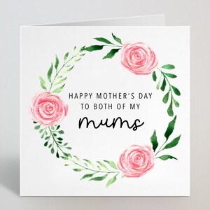 Feliz Dia das Mães para ambas as mães Cartão - Cartão de guirlanda floral em aquarela para mães Mães - Dia das mães para ambas as mães - Feito no Reino Unido