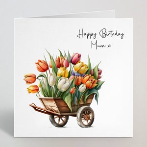 Floral Tulips Barrel Happy Birthday Mum Wenskaart - Kleurrijke Tulip Flower Verjaardagskaart Mum - Mooie Mooie Wenskaart Haar - UK Made