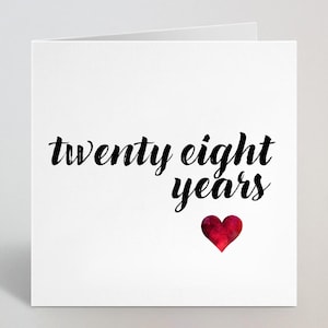 Carte d'anniversaire de mariage 28 ans vingt-huit ans - carte croquis calligraphie cursive, voeux d'amour mari femme partenaire petit ami - fabrication britannique