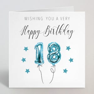 Blaue Luftballons, die Ihnen alles Gute zum Geburtstag wünschen Kalligraphiekarte - achtzehn 18. Geburtstagskarte für Neffen, Bruder, Sohn, Patensohn ihn - hergestellt in Großbritannien