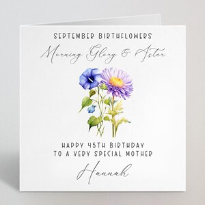 GEPERSONALISEERDE september Birthflower kalligrafie aangepaste verjaardagskaart - Birth Flower Morning Glory & Aster voor zus, vriend, moeder - gemaakt in het VK