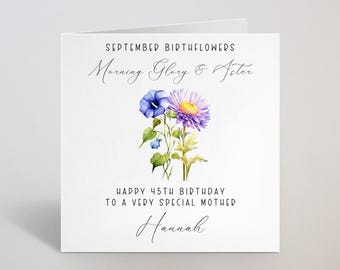 PERSONALISED September Birthflower Calligraphy Custom Birthday Card - Birth Flower Morning Glory & Aster For Sister, Friend, Mum - UK Made