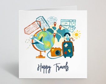 Happy Travels Greeting Card - Gap Year, Travelling, Good Luck, Safe Travelling Card - Happy Travels, Happy Adventures Card Her Him - UK Made