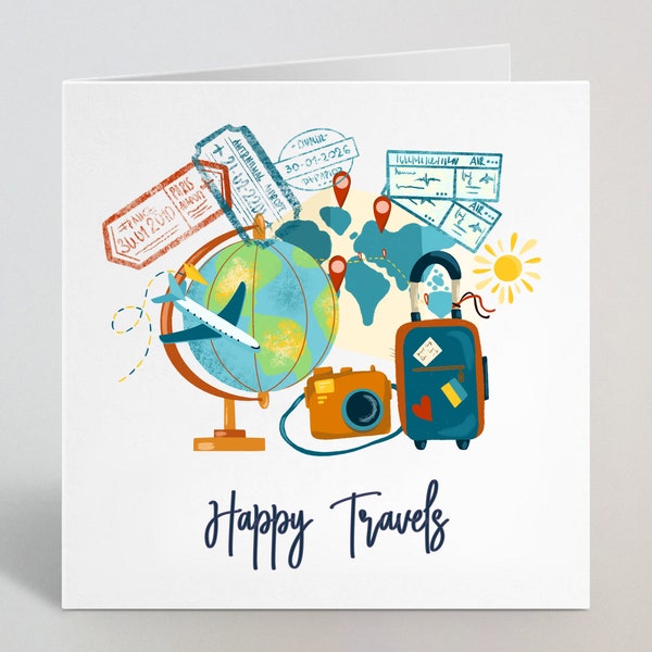 Happy Travels Greeting Card - Gap Year, Travelling, Good Luck, Safe Travelling Card - Happy Travels, Happy Adventures Card Her Him - UK Made