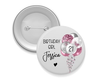 5.8cm Personalised Choose Any Age Birthday Girl Balloon Badge - Custom Name Girly Birthday Badge For 16th, 17th, 18th, 21st, 30th - UK Made