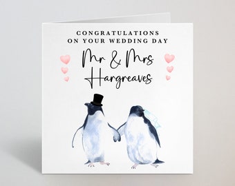 Personalised Penguin Wedding Card For Couple - Mr & Mrs Just Married, Congratulations, Congrats - Personalised Card For Sister Mum - UK Made