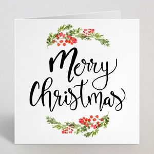 Cartão de Natal com plantas florais festivas de inverno e feliz Natal - Cartão de felicitações simples e cursivo de feliz Natal para irmão, irmã e mãe - Feito no Reino Unido