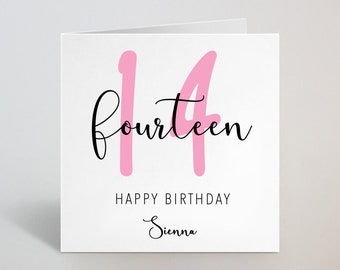 Fourteen Years 14th Birthday Calligraphy Cursive Sketch Pink Card Love Greeting Sister Niece Girlfriend Auntie Friend 14 Years UK Made