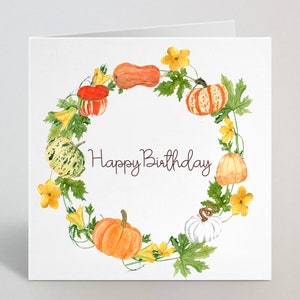 Biglietto di auguri di buon compleanno autunnale con disegno ad acquerello - Zucca Foglie autunnali Biglietto arancione per gli amici Famiglia Mamma Papà Fratello - UK Made