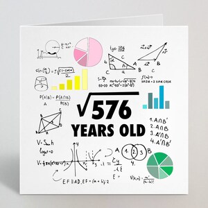 Może przedstawiać: Biała kartka okolicznościowa o tematyce matematycznej. Karta zawiera r&oacute;wnania, diagramy i tekst "&radic;576 YEARS OLD" pogrubioną czcionką. W ilustracjach użyto r&oacute;żnych kolor&oacute;w.