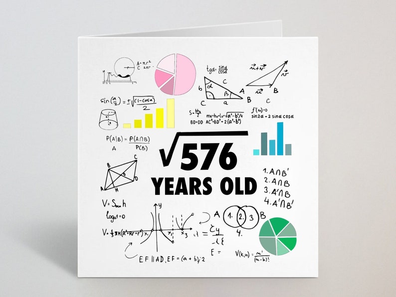 Może przedstawiać: Biała kartka okolicznościowa o tematyce matematycznej. Karta zawiera r&oacute;wnania, diagramy i tekst "&radic;576 YEARS OLD" pogrubioną czcionką. W ilustracjach użyto r&oacute;żnych kolor&oacute;w.