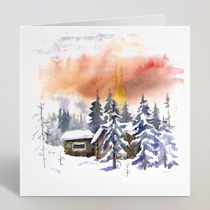 Aquarelle Sunset Cabin Woods Forest Snow Landscape Carte de vœux - Arbres d’hiver, carte d’illustration festive pour grand-père, fils, maman - UK Made