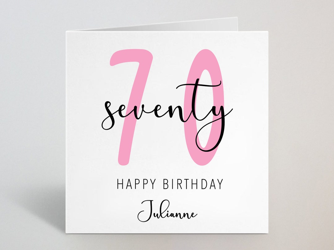 Personalised 70th Pink Cursive Birthday Card - Custom Name Seventieth ...