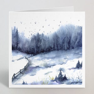 Aquarelle Bleu Hiver Paysage Illustration Carte de Vœux - Arbres d’hiver, Carte d’illustration festive pour grand-père, fils, maman, patron - UK Made