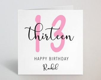 Thirteen Years 13th Birthday Calligraphy Cursive Sketch Pink Card Love Greeting Sister Niece Girlfriend Auntie Friend 13 Years UK Made