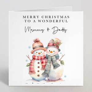 Tarjeta de Navidad de muñeco de nieve para padres de mamá y papá - Romántica linda Feliz Navidad Acuarela Tarjeta de Navidad de muñeco de nieve Mamá y papá - Hecho en el Reino Unido