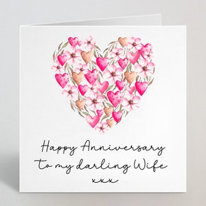 Joyeux anniversaire à ma femme chérie - Rose Floral Love Heart Romantique Cursive Mignonne Carte de Vœux Pour Femme 2ème 5ème 10ème 15ème 20ème - UK Made