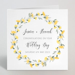Personnalisé sur votre carte de mariage - Fleurs jaunes Nom personnalisé Félicitations Carte de jour de mariage pour couple Mr & Mrs Bride Groom - UK Made