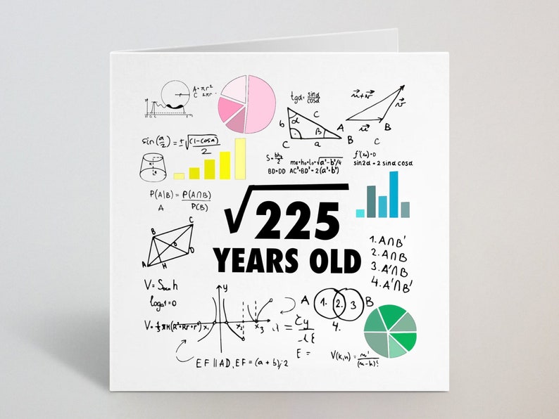 Może przedstawiać: Biała kartka okolicznościowa o tematyce matematycznej. Karta zawiera r&oacute;wnania, diagramy i tekst "&radic;225 YEARS OLD" w kolorze czarnym. Użyto r&oacute;żowych, ż&oacute;łtych i niebieskich akcent&oacute;w.