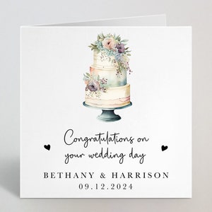 Felicitaciones personalizadas en el día de su boda - Tarjeta floral de pastel de bodas de acuarela para hija, hermana, hijo, cuñado - Hecho en el Reino Unido