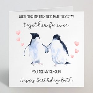 When Penguins Find Their Mate Personalised Name Birthday Card - Romantic Penguin Greeting Card For Husband Wife Boyfriend Fiancé - UK Made