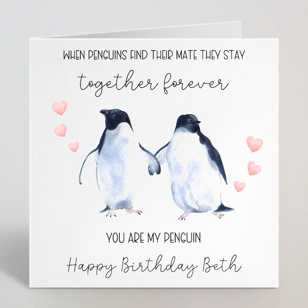 Quand les pingouins trouvent leur compagnon Nom personnalisé Carte d’anniversaire - Carte de vœux romantique Pingouin pour mari femme petit ami fiancé - UK Made