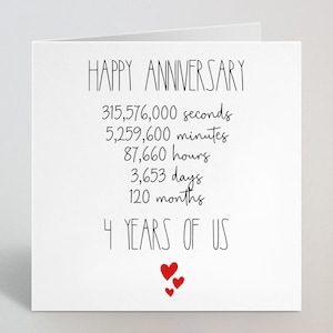 私たちの 4 年間の記念日のグリーティング カード - 私たちの 4 年間の結婚記念日のカード - 私たちの分、時間、日、月カード - 英国製