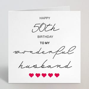 Joyeux 50e anniversaire à mon merveilleux mari - Cinquante-cinquantième carte de voeux cursive élégante et mignonne pour lui - Cadeau coeur rouge pour lui - Fabriqué au Royaume-Uni