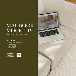 May include: A silver MacBook laptop with a black keyboard is open on a beige sofa. The screen displays a website. Text on the left side reads "MACBOOK MOCK-UP PHOTO & MOCKUP COLLECTION" and "INCLUDES: 1 MACBOOK MOCKUP, 6 HR PHOTOS, 1 HELPSHEET."
