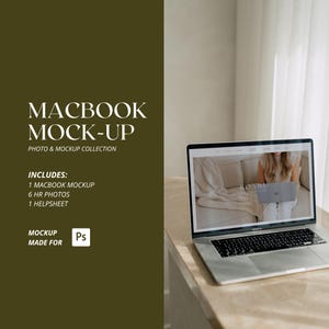 May include: A silver MacBook Pro laptop is open on a light-colored countertop. The screen displays a website with a woman sitting on a couch. The text on the left side reads "MACBOOK MOCK-UP" and "PHOTO & MOCKUP COLLECTION". The image also includes "INCLUDES: 1 MACBOOK MOCKUP, 6 HR PHOTOS, 1 HELPSHEET".