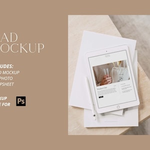 May include: An iPad mockup with a white screen displaying a product page, a white stylus, and a stack of white papers. The image includes the text "IPAD MOCKUP" and "MOCKUP MADE FOR Ps". The background is a neutral beige.