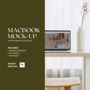 May include: A MacBook mock-up photo and mockup collection. The image shows a laptop on a light-coloured table with a white vase and a decorative branch. The text on the left side of the image says "MACBOOK MOCK-UP" and "PHOTO & MOCKUP COLLECTION".