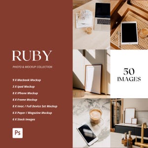 Op de afbeelding: Een collage van afbeeldingen die een verzameling van 50 mockups voor verschillende apparaten en objecten tonen, waaronder een laptop, tablet, telefoon, frame en papier. De afbeeldingen zijn in een rasterpatroon gerangschikt en hebben een warme, natuurlijke kleurenpalet.
