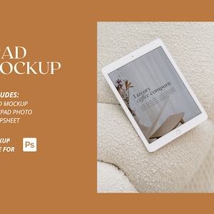 May include: A white iPad mockup on a white textured surface. The iPad screen displays a magazine page with the text "Luxury coffee company".