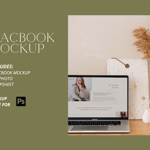 May include: A mockup of a laptop computer with a website open on the screen. The website is for a business called "Hi, I'm Ben Astrid". The laptop is on a wooden table with a white vase and a decorative tile.