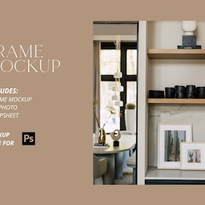 May include: A mockup image showcasing two framed artworks with cactus prints in a contemporary interior setting. The image includes text that reads "FRAME MOCKUP" and details about the included items: 2 frame mockups, 1 HR photo, and 1 helpsheet. The mockup is made for Photoshop.