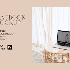 May include: A MacBook mockup displayed on a round table with a woven base. The laptop screen shows a person in a light-colored outfit. The image includes text that says "MACBOOK MOCKUP" and "MADE FOR Ps".